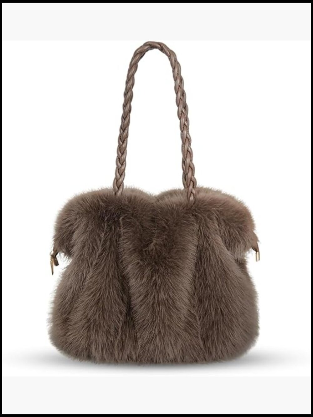 Faux Fur Handbag Soft Fluffy Winter Purse Braided Handle Zipper Closure